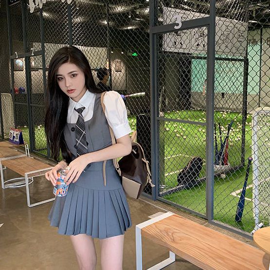 jk學院風百褶裙套裝女夏小個子減齡顯瘦氣質襯衫馬甲三件套/單件