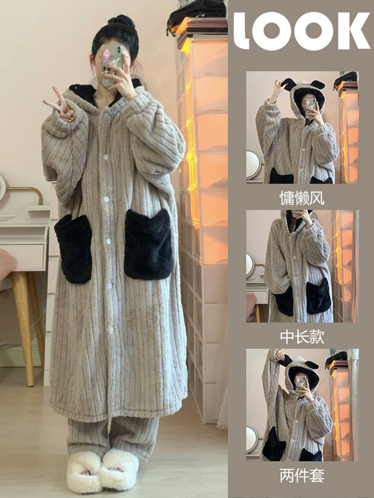 大碼胖mm300斤珊瑚絨睡衣女冬季外穿加厚居家服睡袍長褲兩件套裝
