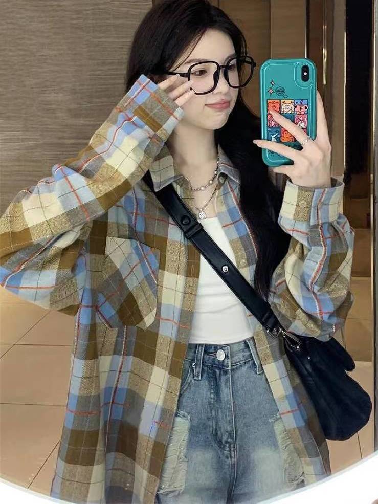 夏季薄款復古格子襯衫女高級感女寬鬆百搭情侶長袖襯衣防曬衫外穿