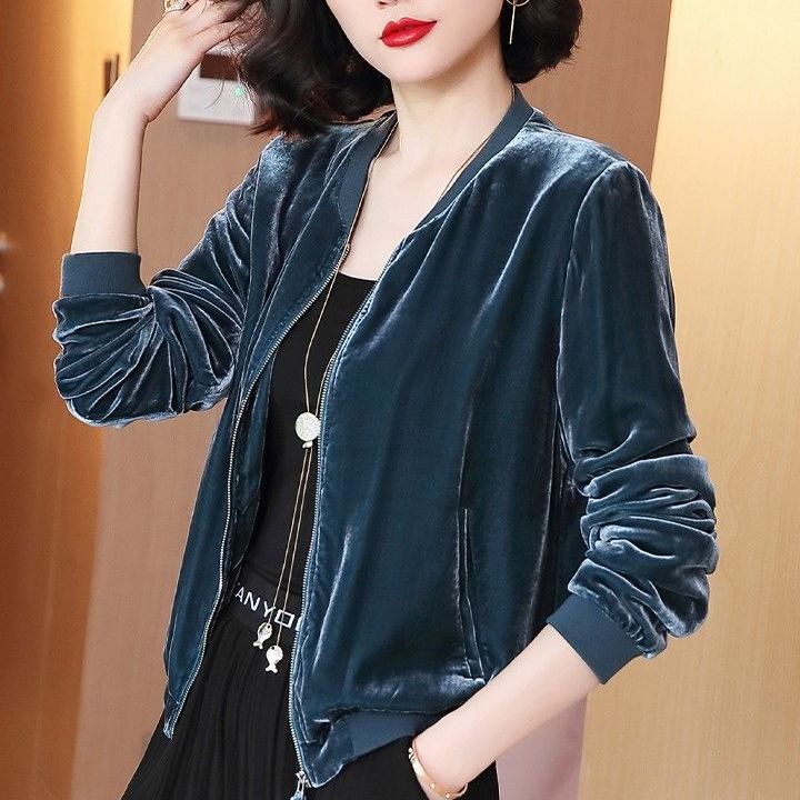 真絲金絲絨短外套女長袖2021新款秋冬休閒寬鬆夾克上衣百搭棒球服