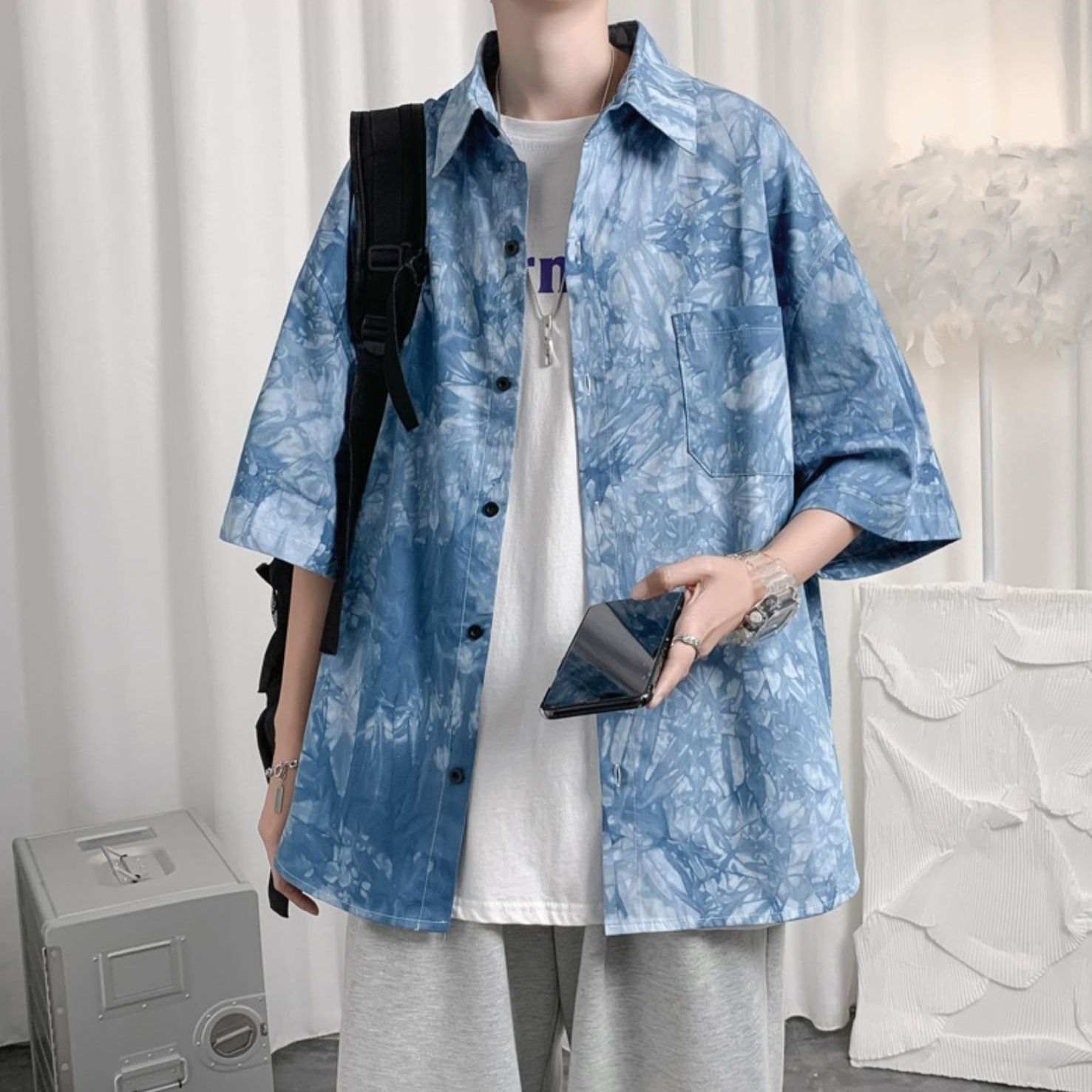 Tie-dyed shirt boys Joker short sleeve summer shirt Hong Kong style Korean trend student coat half sleeve ruffian handsome coat