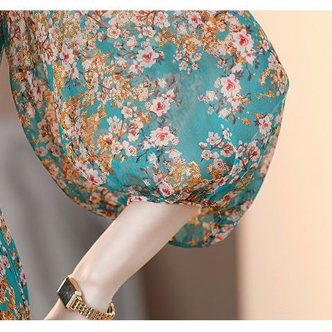 Dress women's  summer new loose floral imitation silk mid-length noble mid-sleeve printed a-line skirt