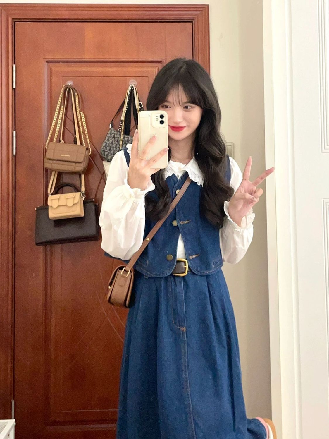 三件套裝/單件春秋小眾日系甜美娃娃襯衣搭配牛仔馬甲女+半身裙潮