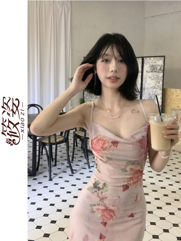 筱姿法式盪領碎花吊帶連衣裙超仙韓版氣質開叉長裙復古a字裙新款