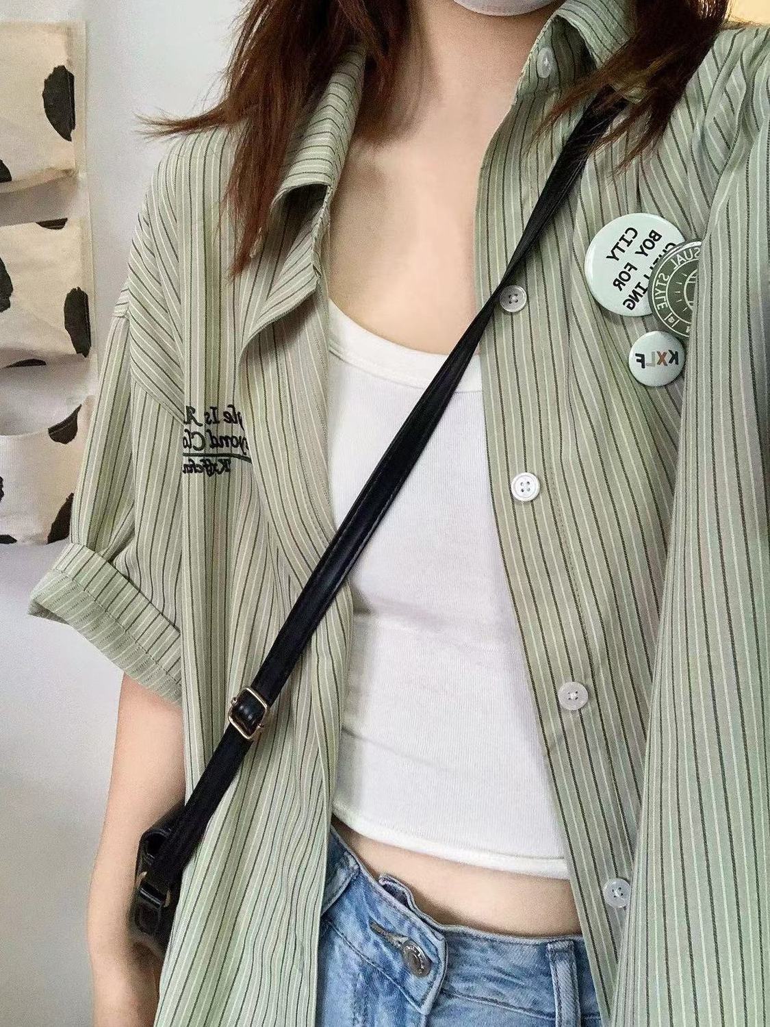 簡約通勤短袖襯衫女夏季新款寬鬆顯瘦刺繡條紋襯衣開衫外搭上衣潮