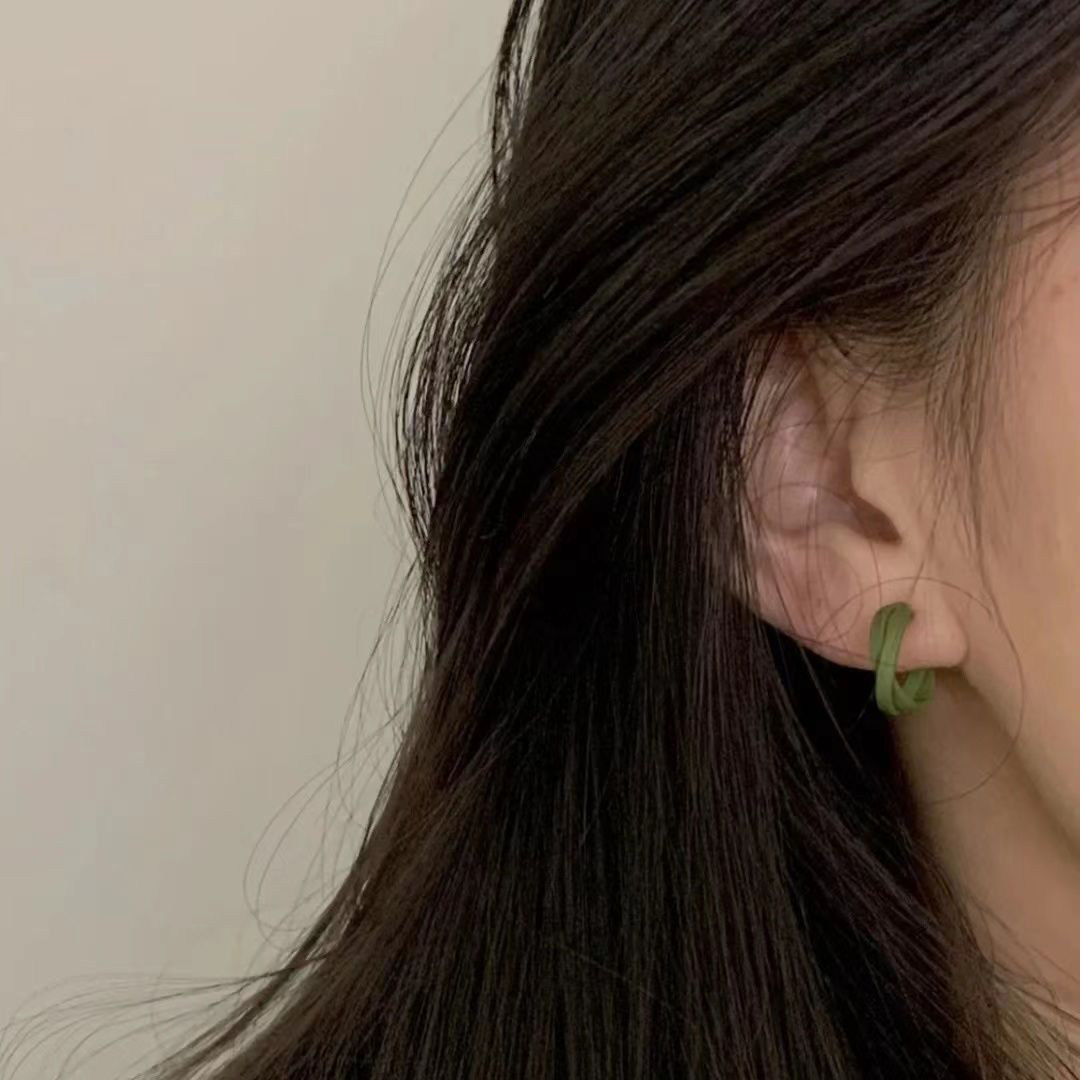 简约小巧绿色c形耳钉女百搭韩国气质耳圈耳环森系高级大气耳饰潮
