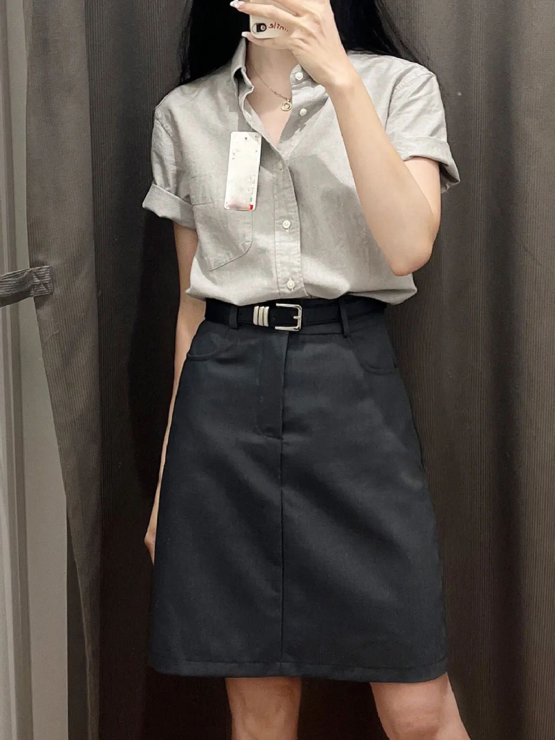College style loose polo collar solid color short-sleeved shirt + fashionable slim straight A-line skirt single piece/set