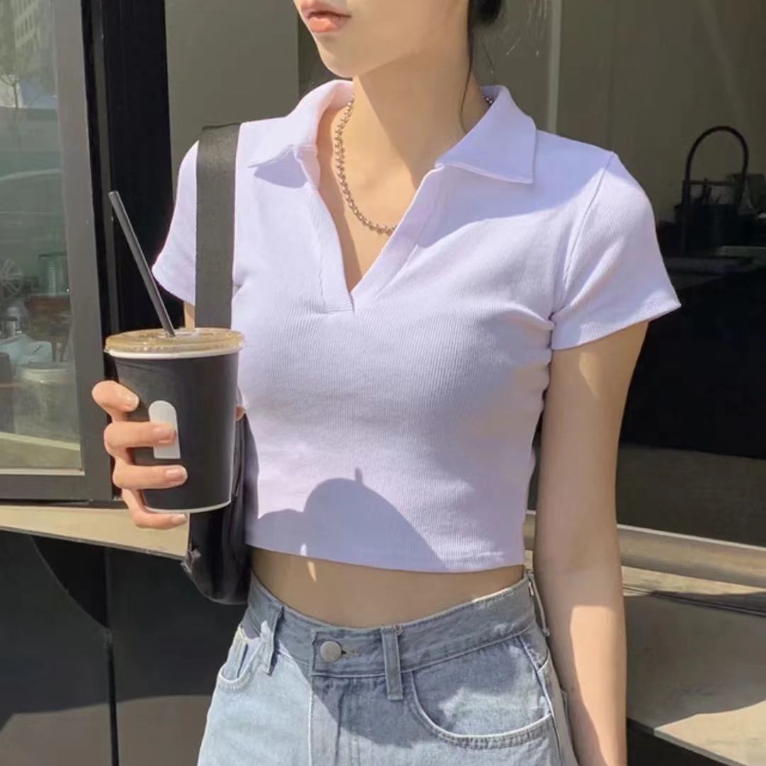 European and American hot girls short-sleeved women's summer new high waist short V-neck T-shirt slim slim pure desire style American top trend