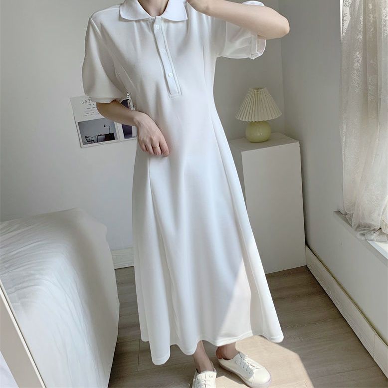 POLO collar short-sleeved dress summer  new waistline slim fashion temperament mid-length A-line skirt ins