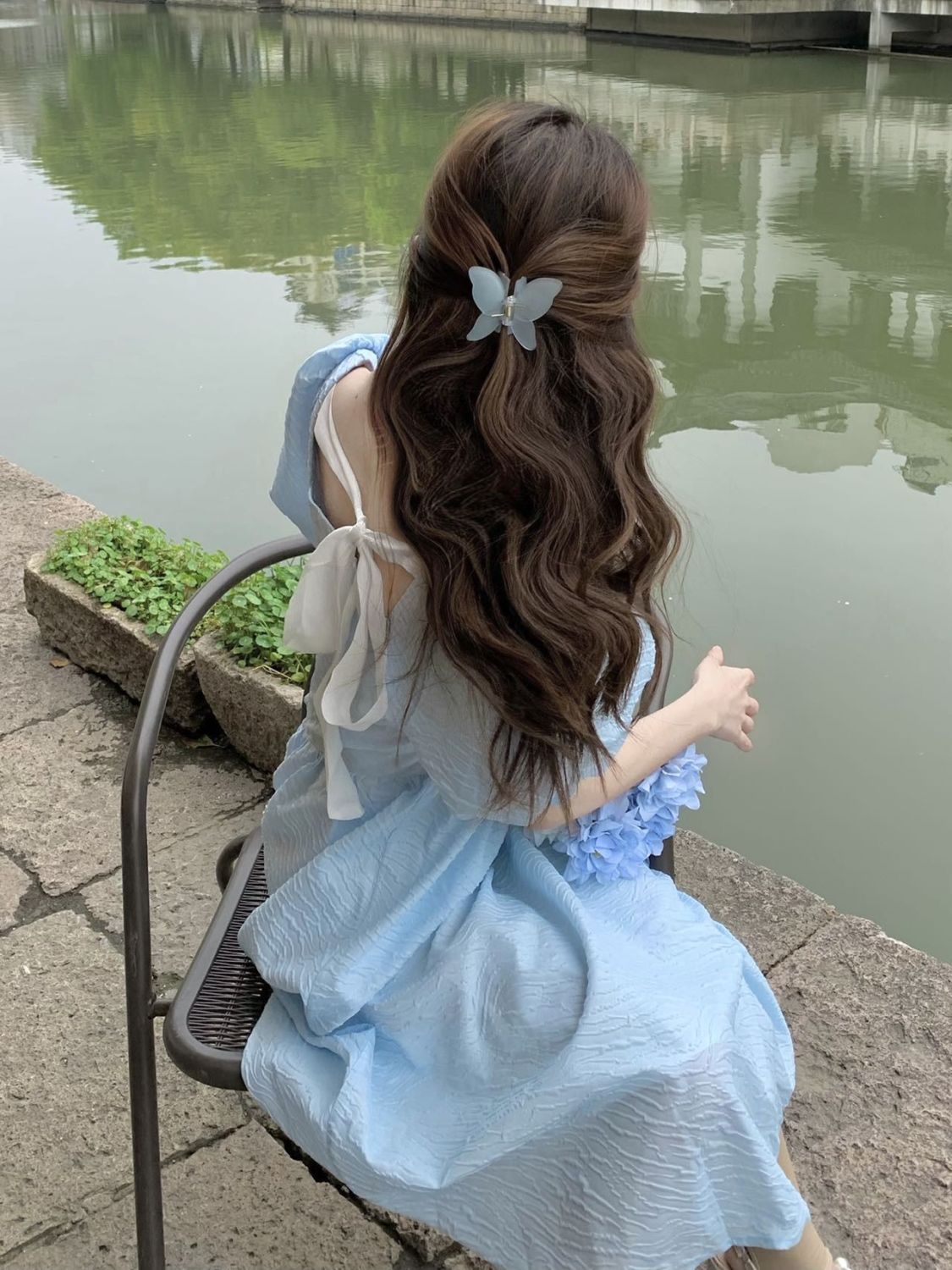 Light blue dress female  summer new Korean style back tie bow skirt puff sleeve bellflower skirt