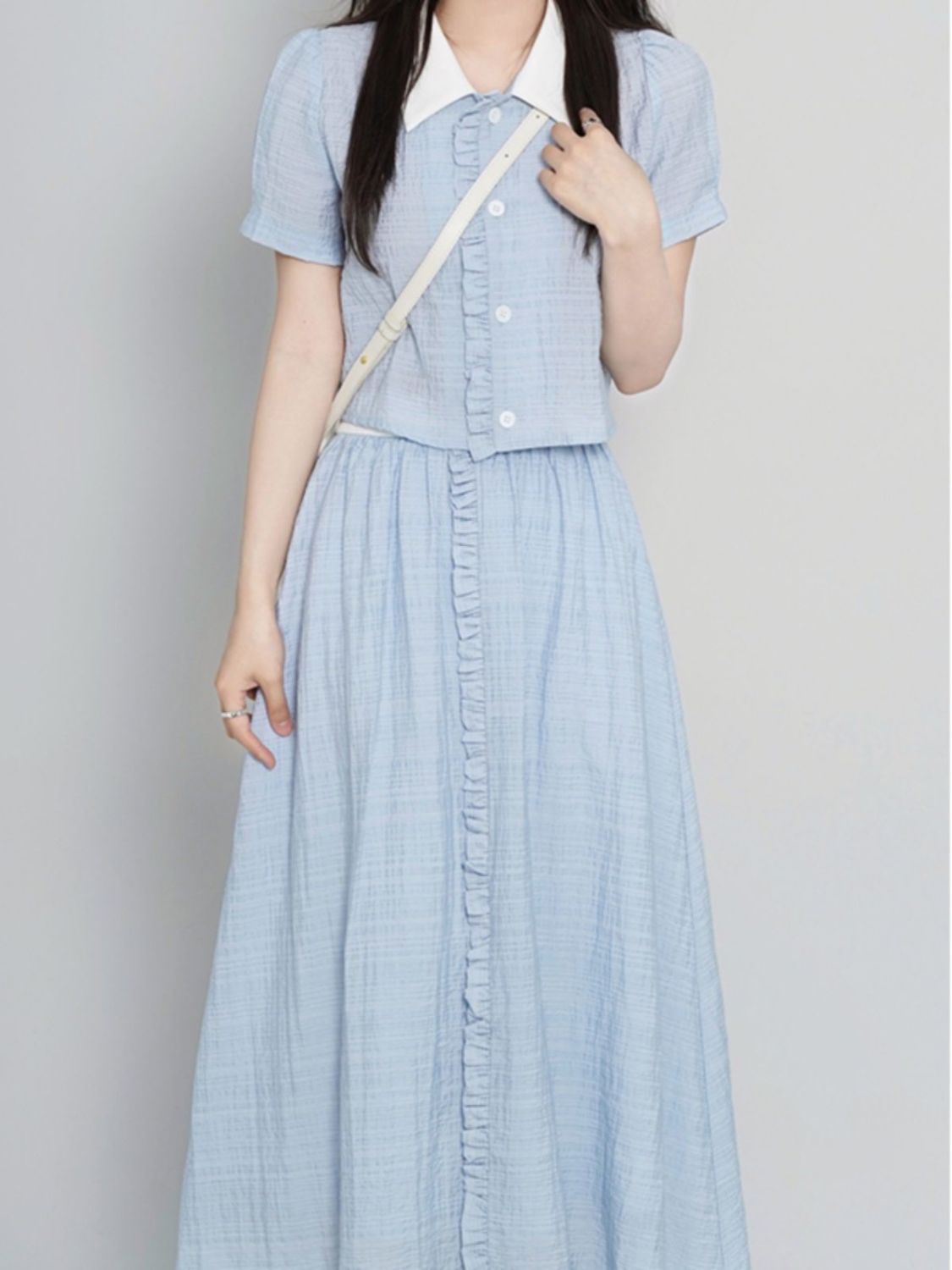 韩系甜美奶乖polo领温柔风时尚蓝色上衣高腰半身裙两件套装女夏季