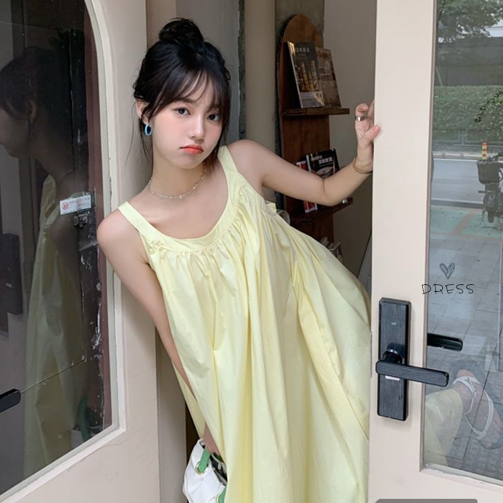 Retro gentle pleated first love suspender dress women's summer dress  new loose and thin mid-length skirt