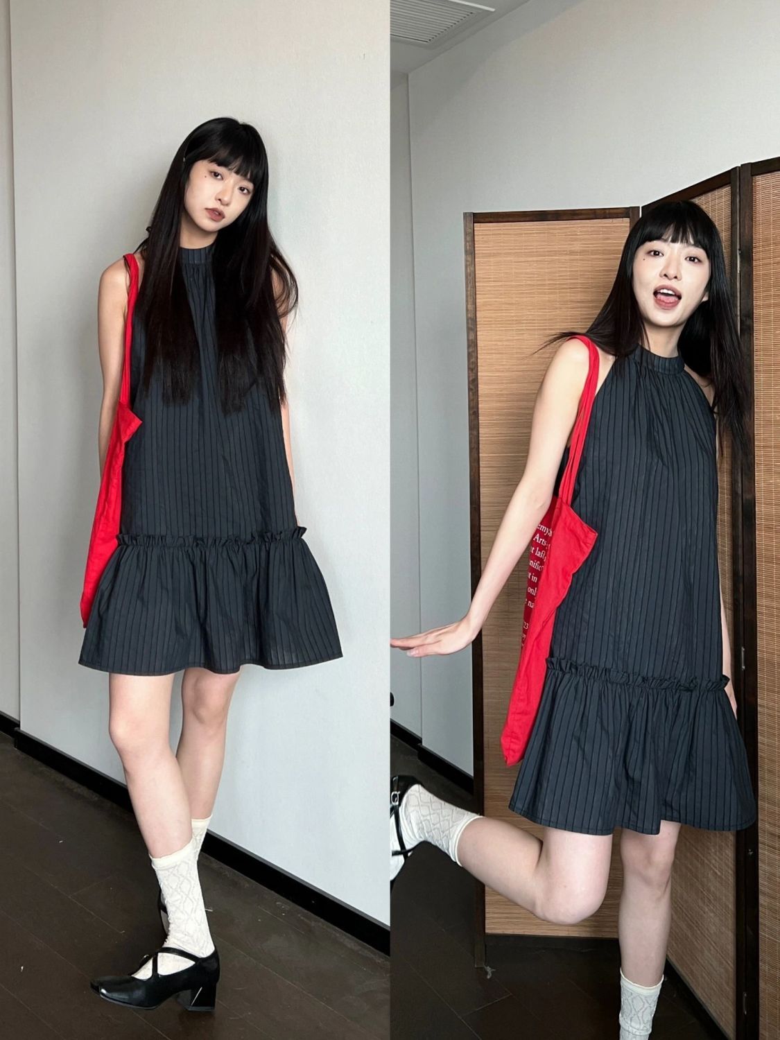 Spice girl hanging neck sleeveless striped dress female summer 2023 new lively and age-reducing loose and thin skirt