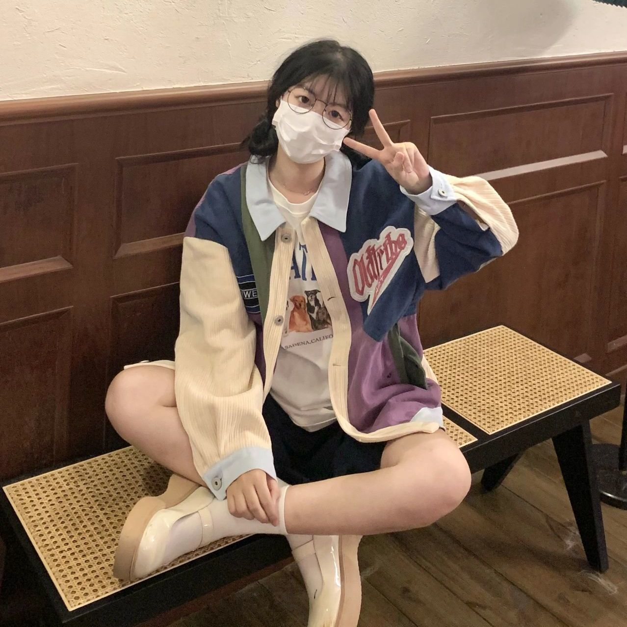 Spring and autumn new corduroy jacket women's lapel American retro letter long-sleeved top slim loose all-match trendy