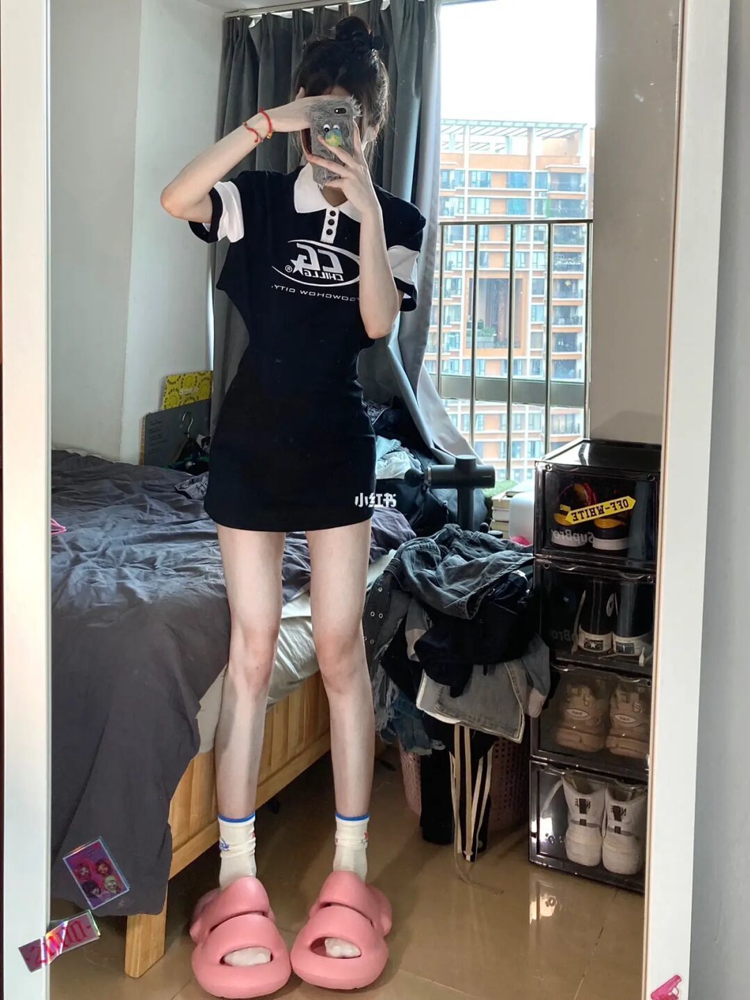美式復古小黑裙女夏季2022大碼辣妹風設計感露腰顯瘦polo領連衣裙