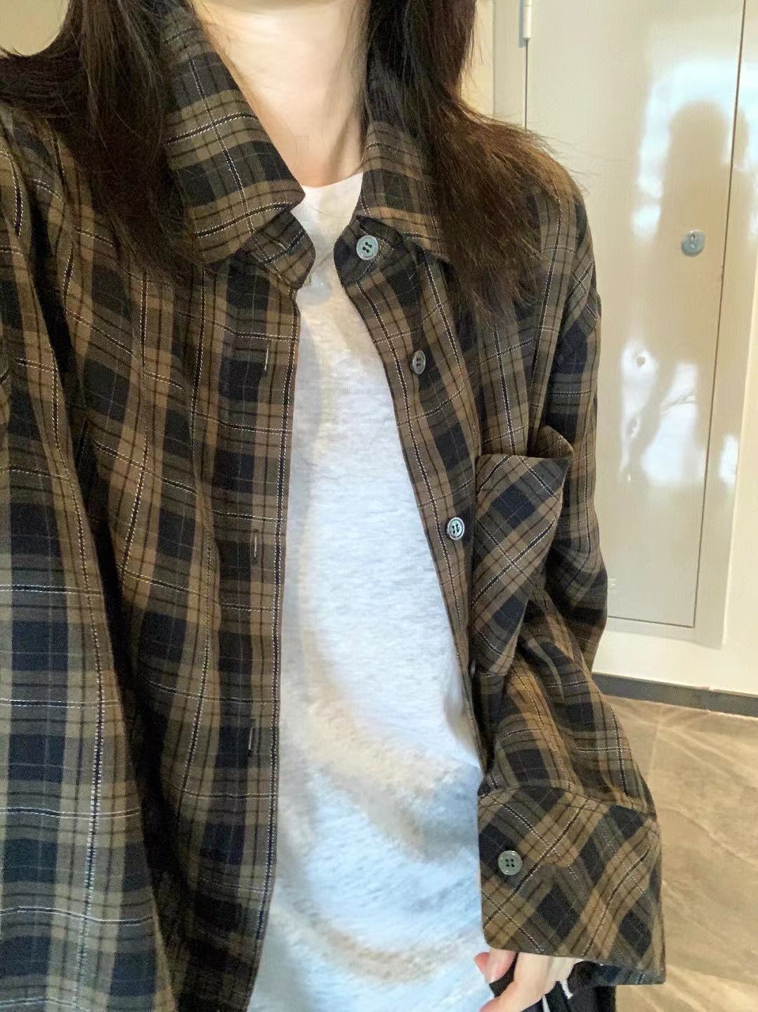 春秋長袖格子襯衫女復古韓版襯衣外套小眾設計感寬鬆顯瘦學生上衣