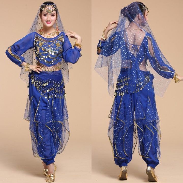 大码新款民族舞新疆舞肚皮舞表演服装长袖彩点裤印度舞演出服套装