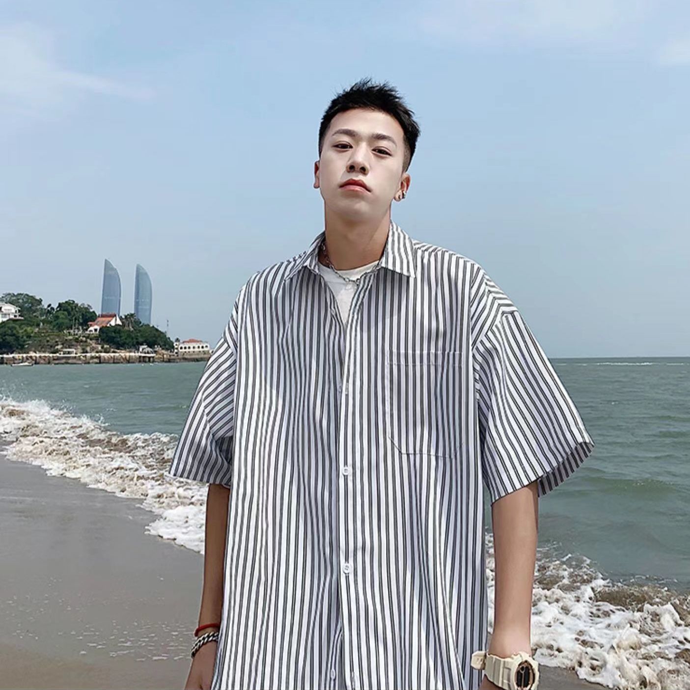 Striped short sleeve shirt men's summer ins ruffian handsome design sense niche shirt Hong Kong Style Japanese trend shirt coat