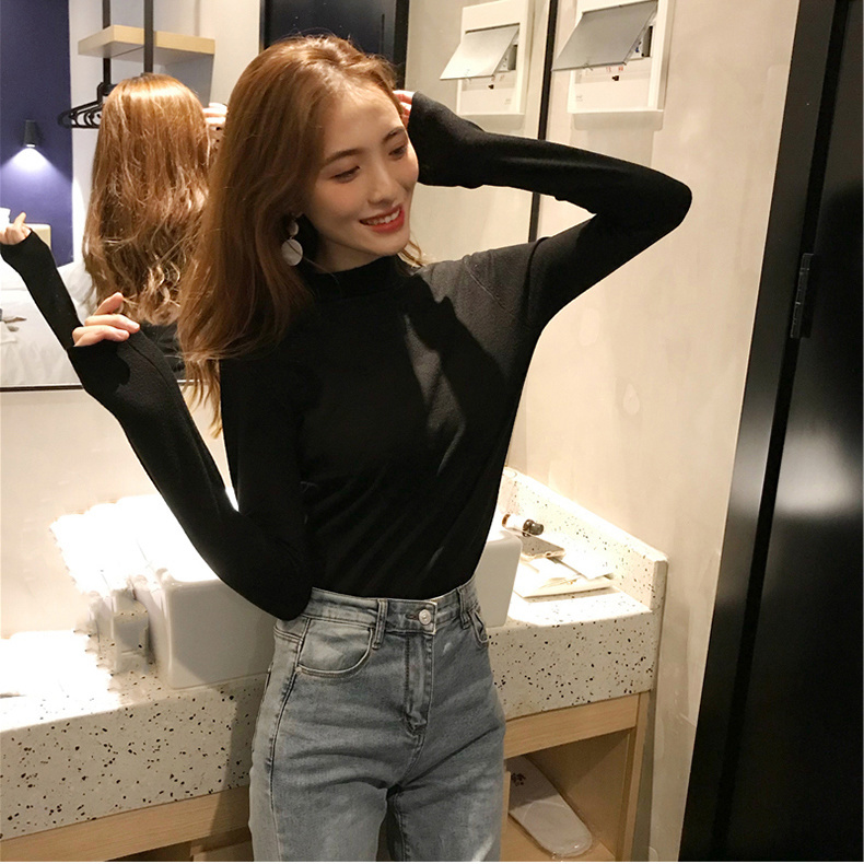 Half turtleneck bottoming shirt, spring, autumn and winter, western-style slim long-sleeved T-shirt for women, Korean style slim-fitting plus velvet black inner top