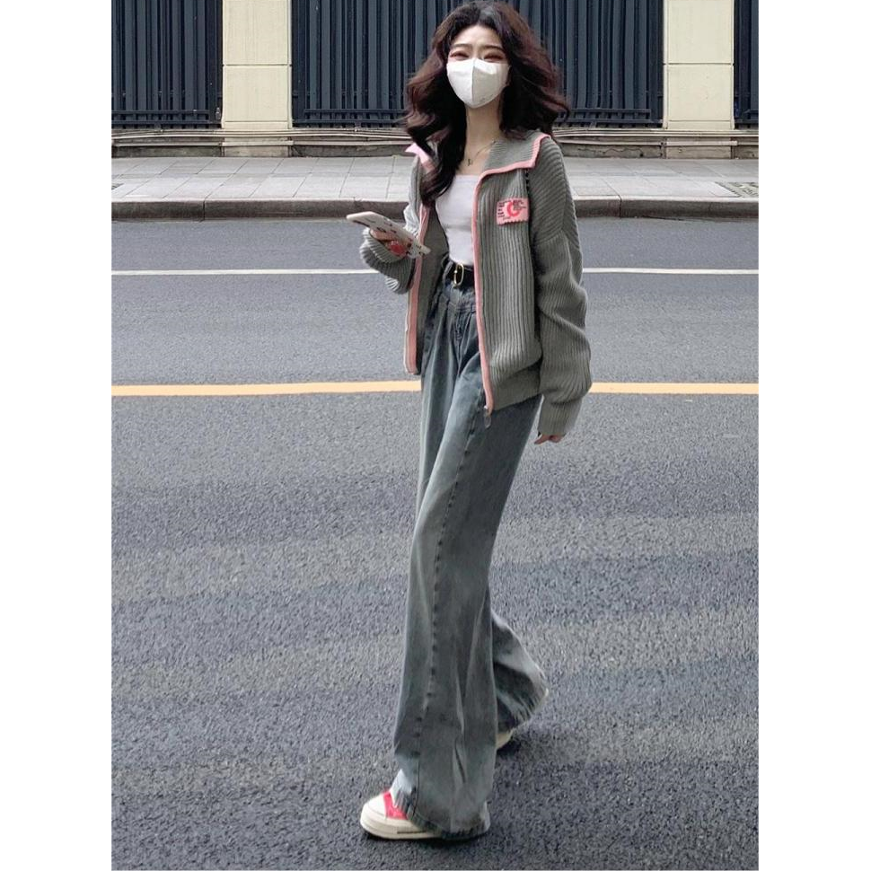 美式復古高腰牛仔褲女秋冬新款chic韓系設計感小眾直筒闊腿褲子潮