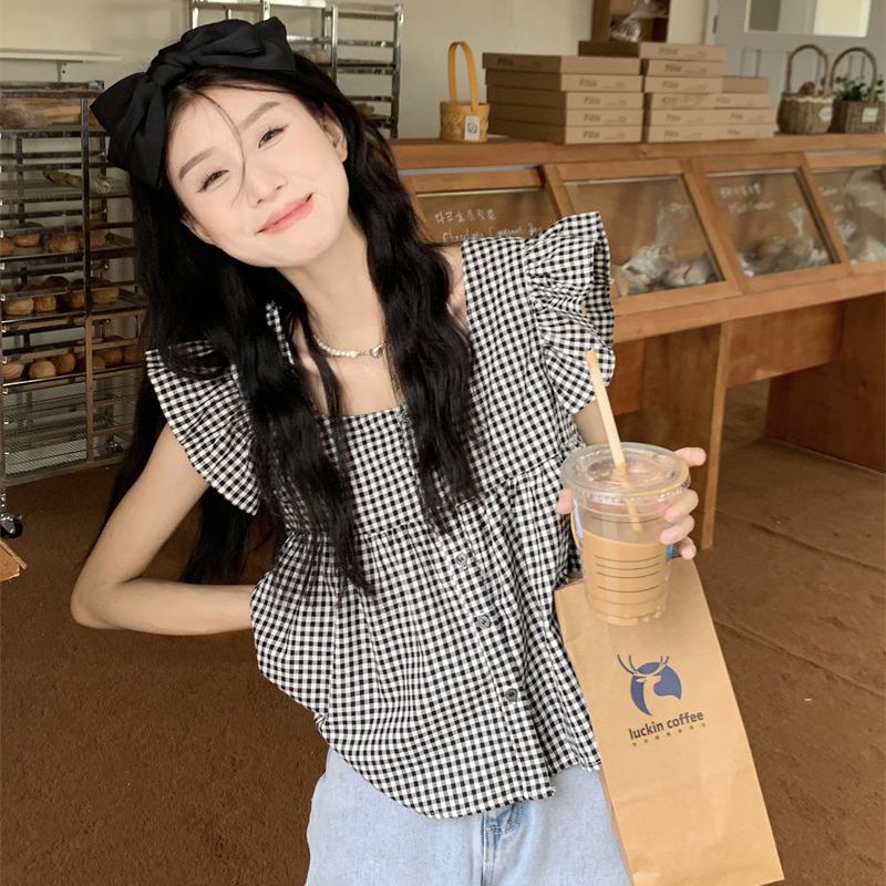 kumikuii sweet temperament plaid flying sleeve square collar shirt female summer small loose doll shirt top