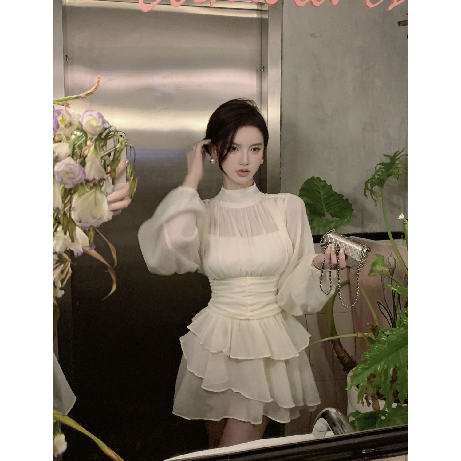 甜美氣質長袖雪紡連衣裙女裝春季辣妹荷葉邊修身收腰蓬蓬蛋糕裙子