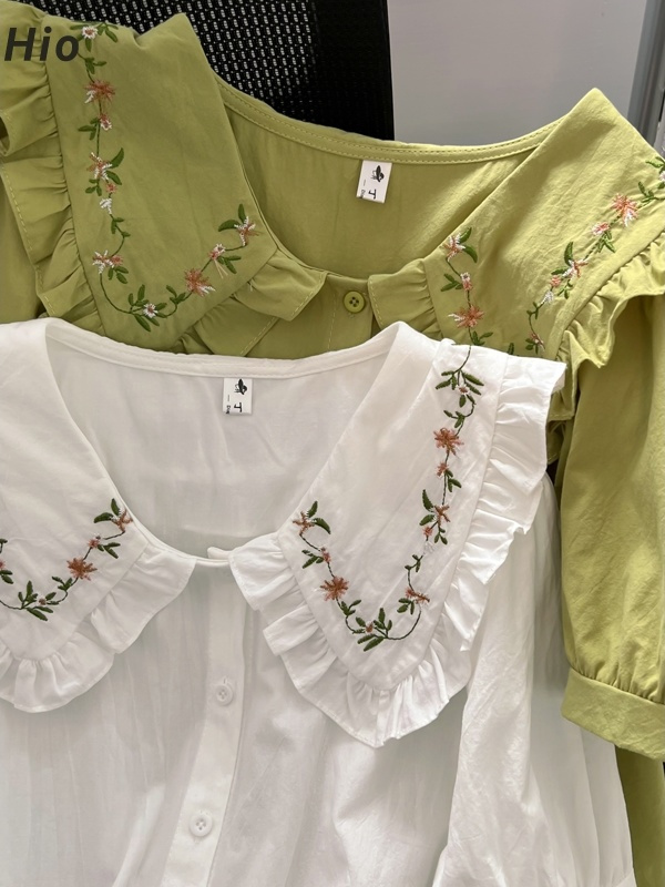 夏季新款法式甜美减龄刺绣娃娃领白色衬衫女短袖宽松大码百搭上衣
