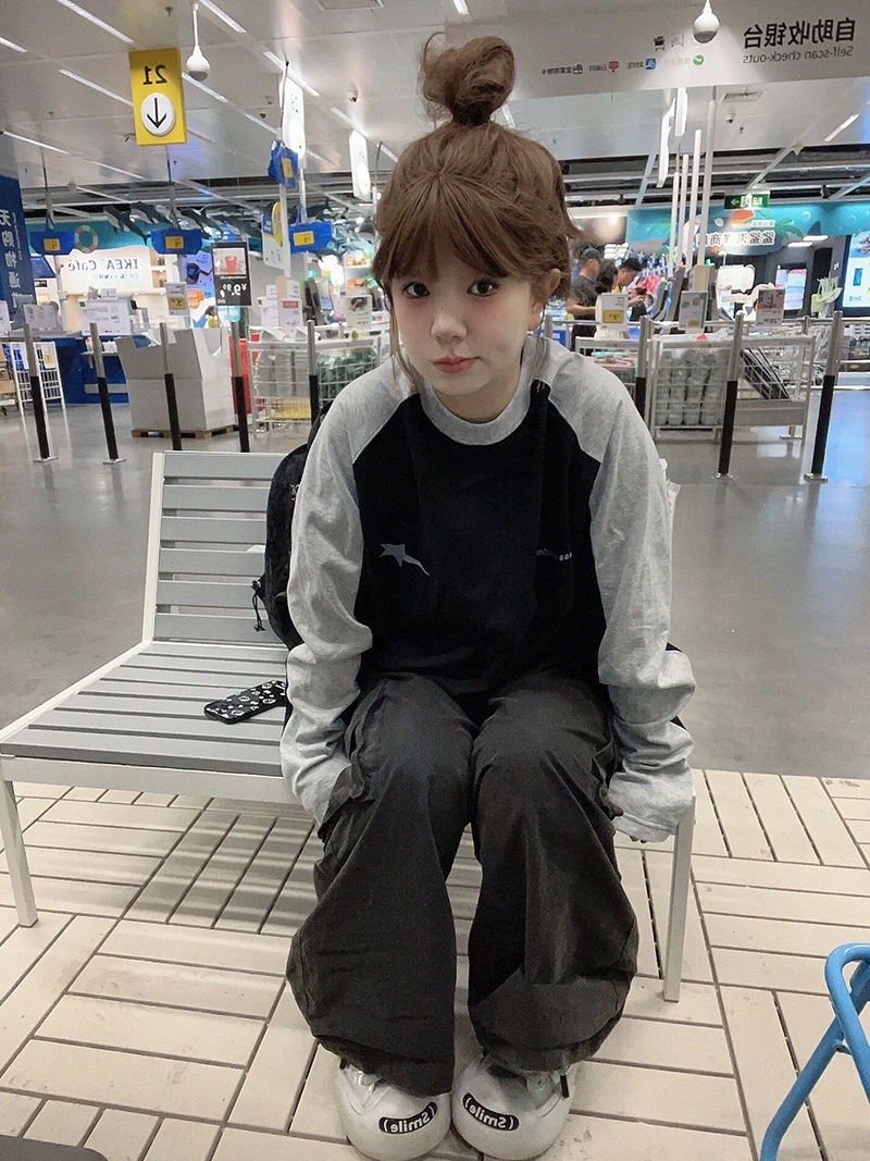 美式hiphop高街星星字母撞色拼接長袖t恤女春秋寬鬆氣質百搭上衣
