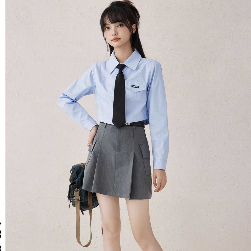 藍色襯衫女秋季2023新款女裝領帶襯衣設計感小眾長袖美式短款上衣