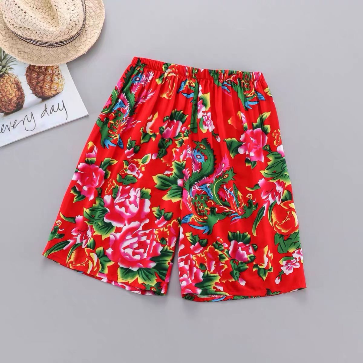 Douyin Fried Street Handsome Northeast Big Flower Pants Harajuku Style Net Red Flower Pants Loose Hip Hop Casual Shorts Men's and Women's Fashion