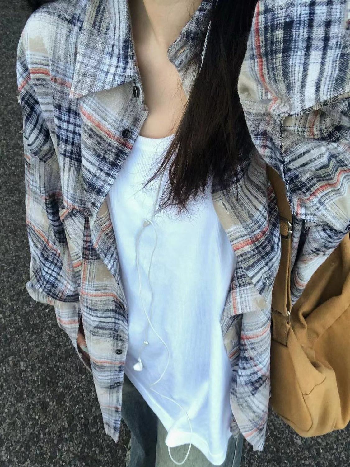 2023新款韓系chic格紋襯衫女寬鬆休閒顯瘦中長款情侶襯衣外穿開衫
