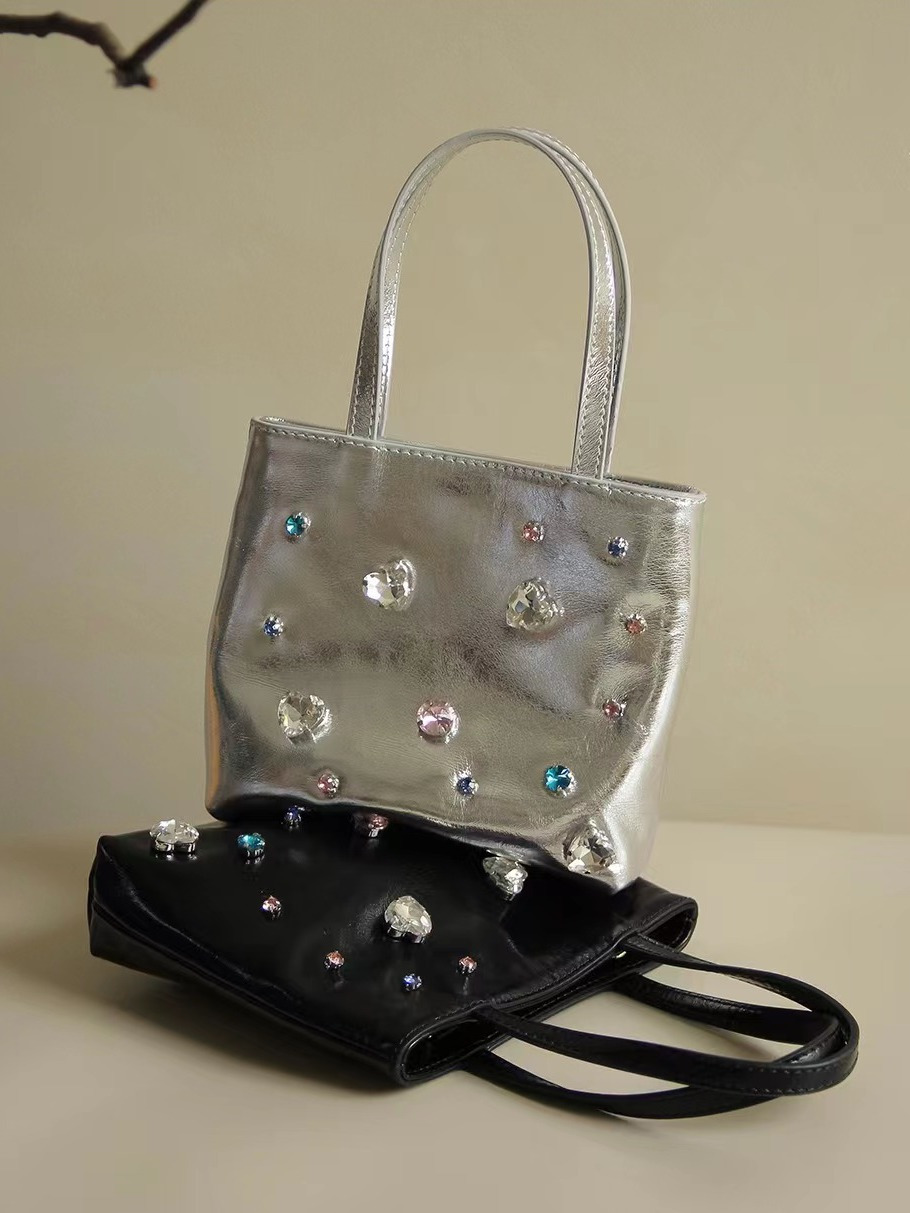 Korean ins oil wax pu leather niche design diamond bag women's gemstone small square shoulder handheld tote bag