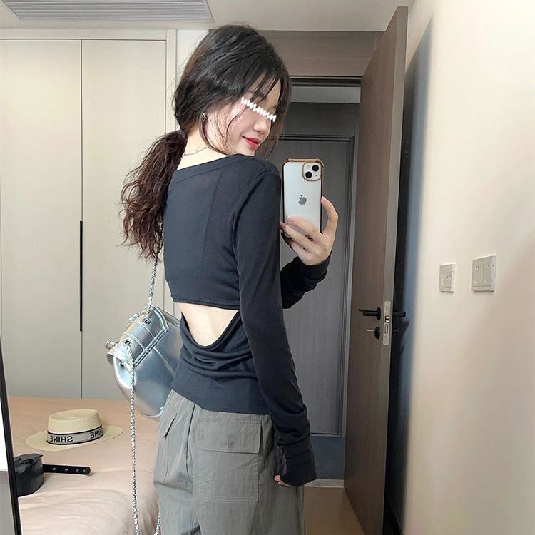 設計感小眾後背鏤空罩衫女夏季薄款冰絲長袖防曬t恤美式打底上衣