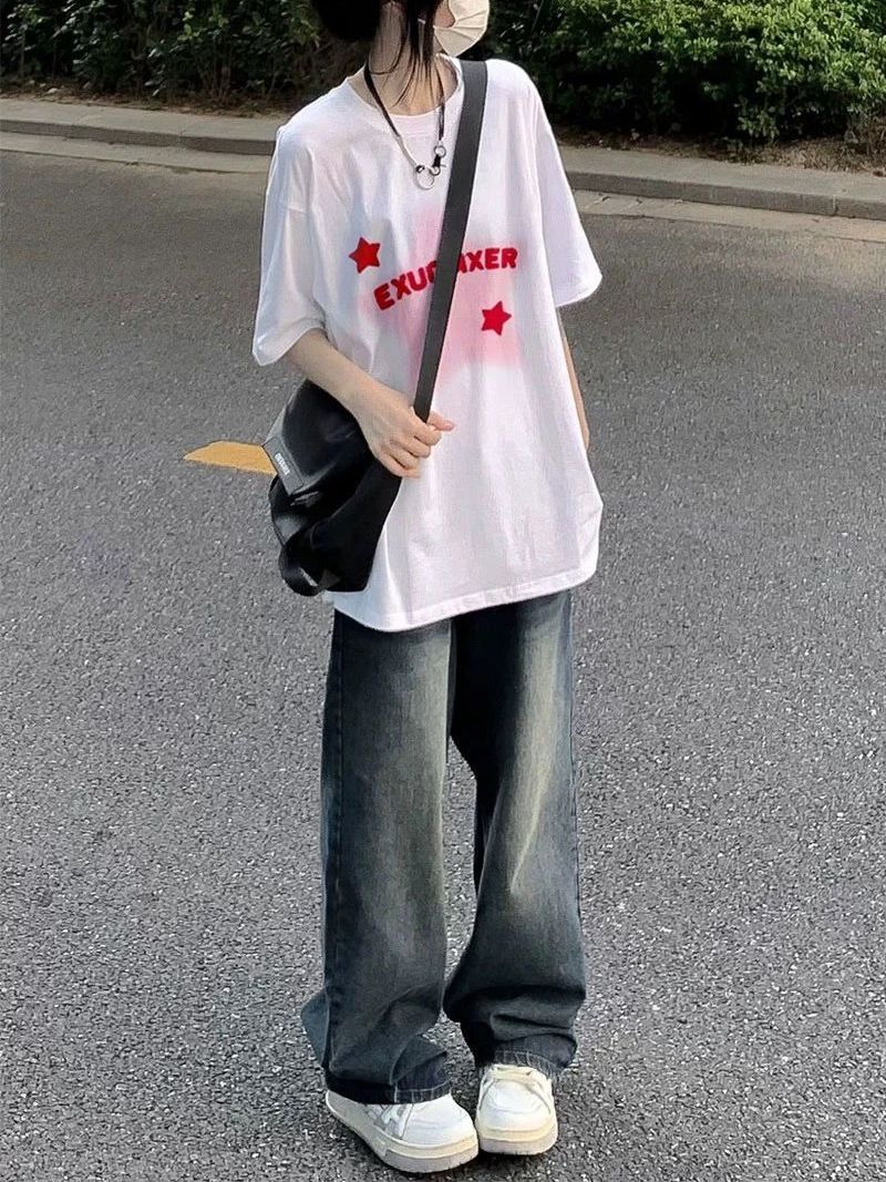 高街學生復古闊腿牛仔褲女簡約百搭高腰梨形寬鬆垂感直筒拖地長褲
