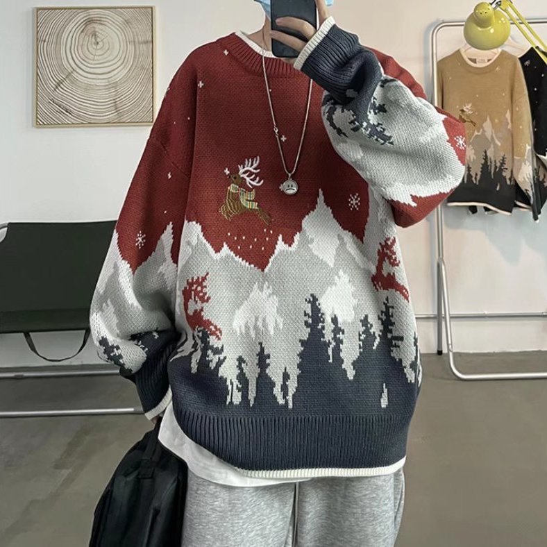 Herren Pullover Rundhals Mit Elch Motiv Für Herbst Und Winter_voghion.com