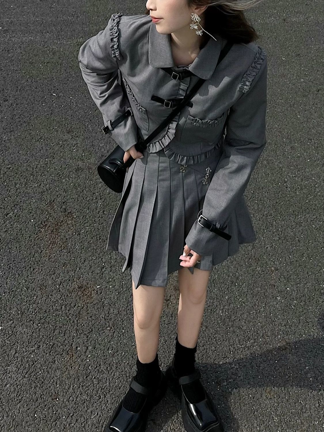 兩件套裝/單件春秋法式復古設計感木耳邊短款上衣外套女+百褶短裙