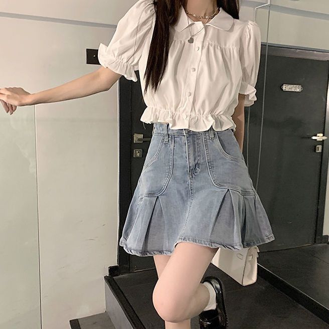 夏季韓版學院風甜美泡泡袖襯衫上衣女+高腰顯瘦別致百褶半身裙潮