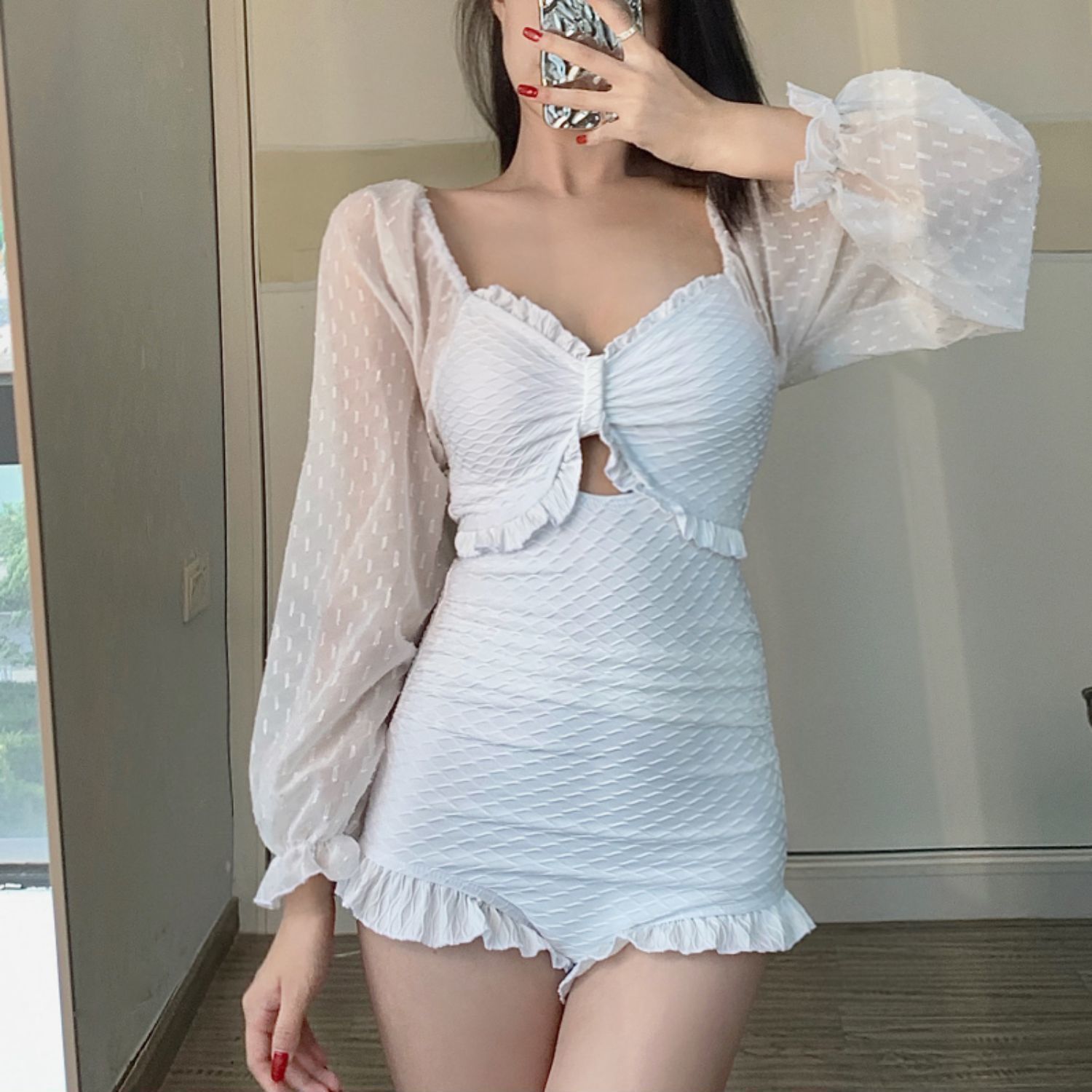 Swimsuit female cover belly slimming retro Korean ins style long-sleeved one-piece swimsuit sexy hot spring senior super fairy