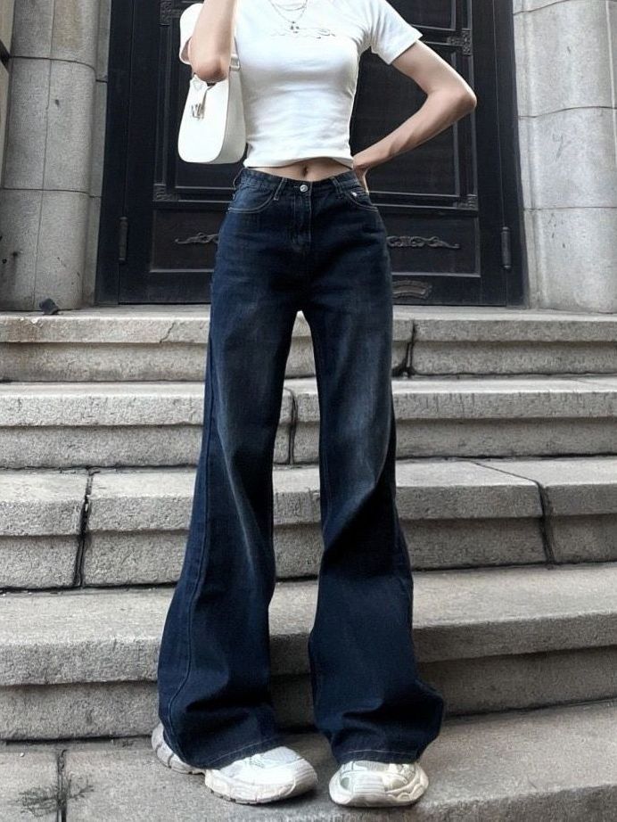 復古做舊闊腿牛仔褲女秋季新款設計感高腰直筒美式高街微喇叭褲子
