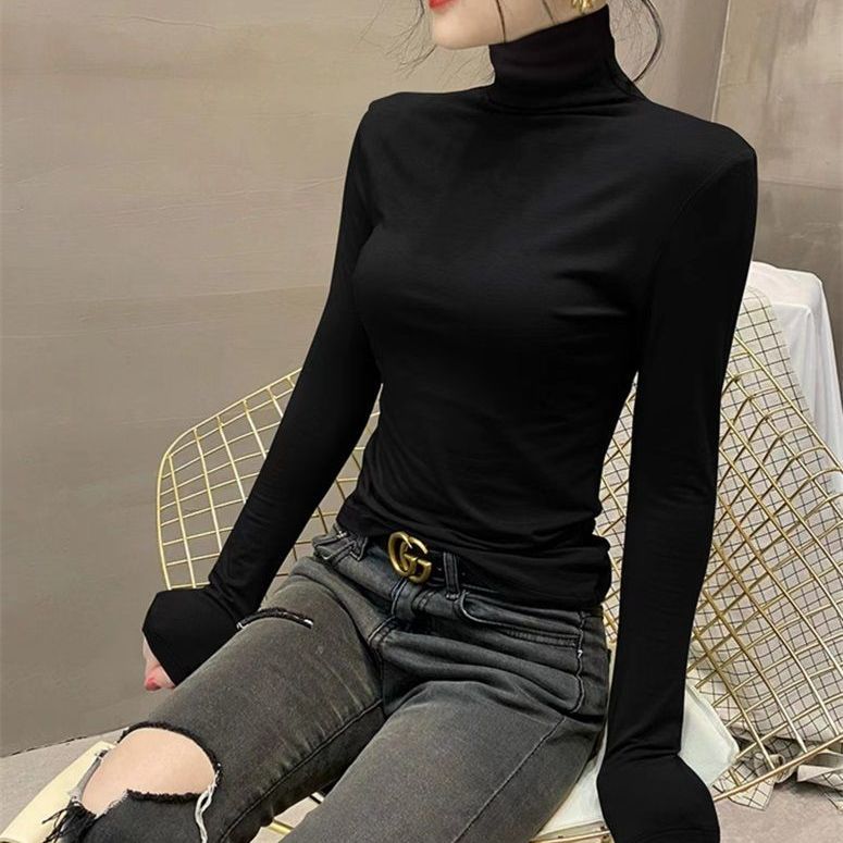 Turtleneck bottoming shirt for women with velvet  spring, autumn and winter inner pile collar long-sleeved T-shirt new trendy black top