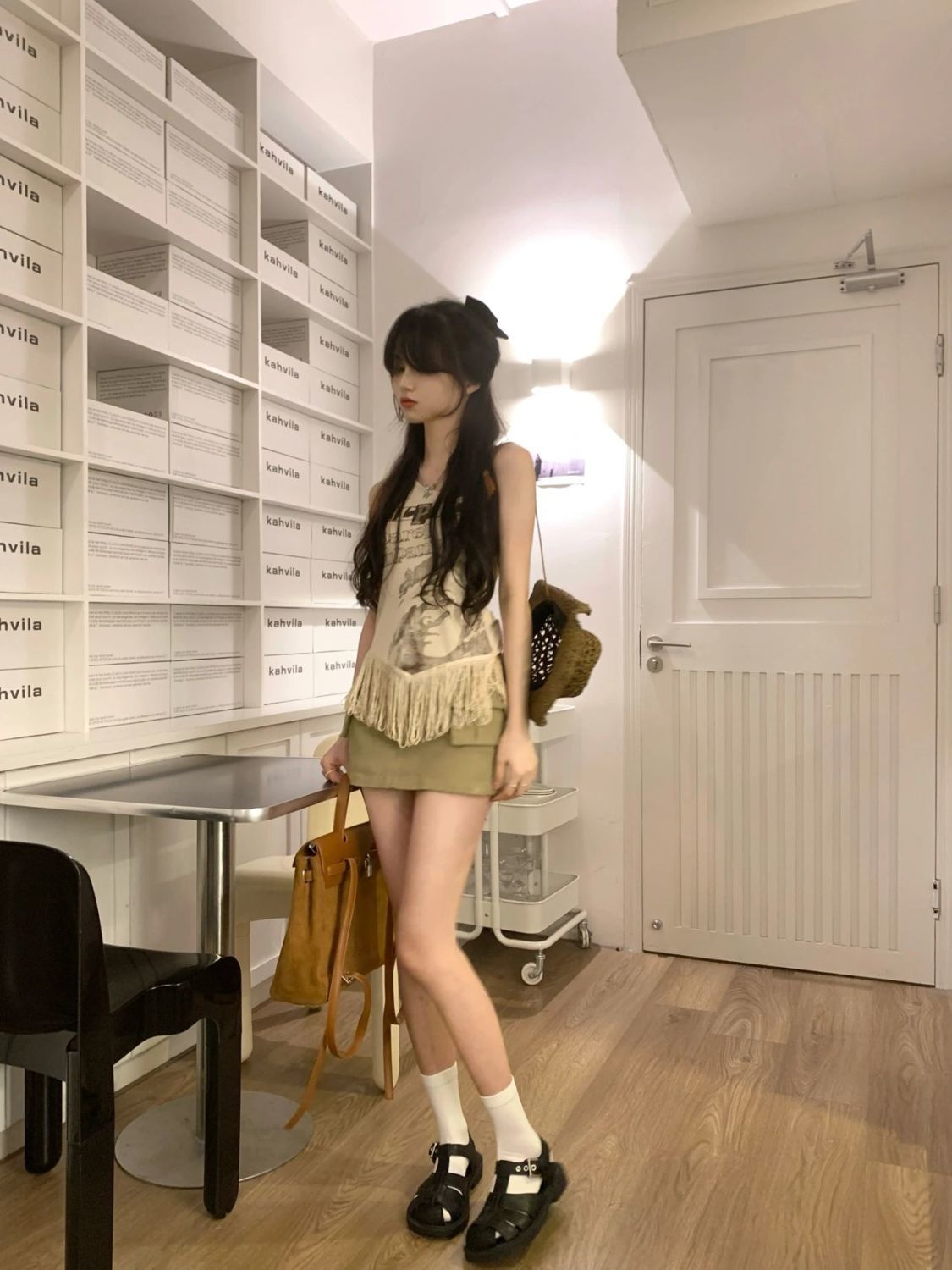 兩件套裝/單件夏季新款卡其色上衣女甜美清新校園風牛仔A字半身裙
