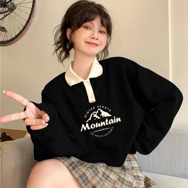 春秋薄款polo領拼接衛衣女學生寬鬆韓版復古百搭字母短款上衣外穿