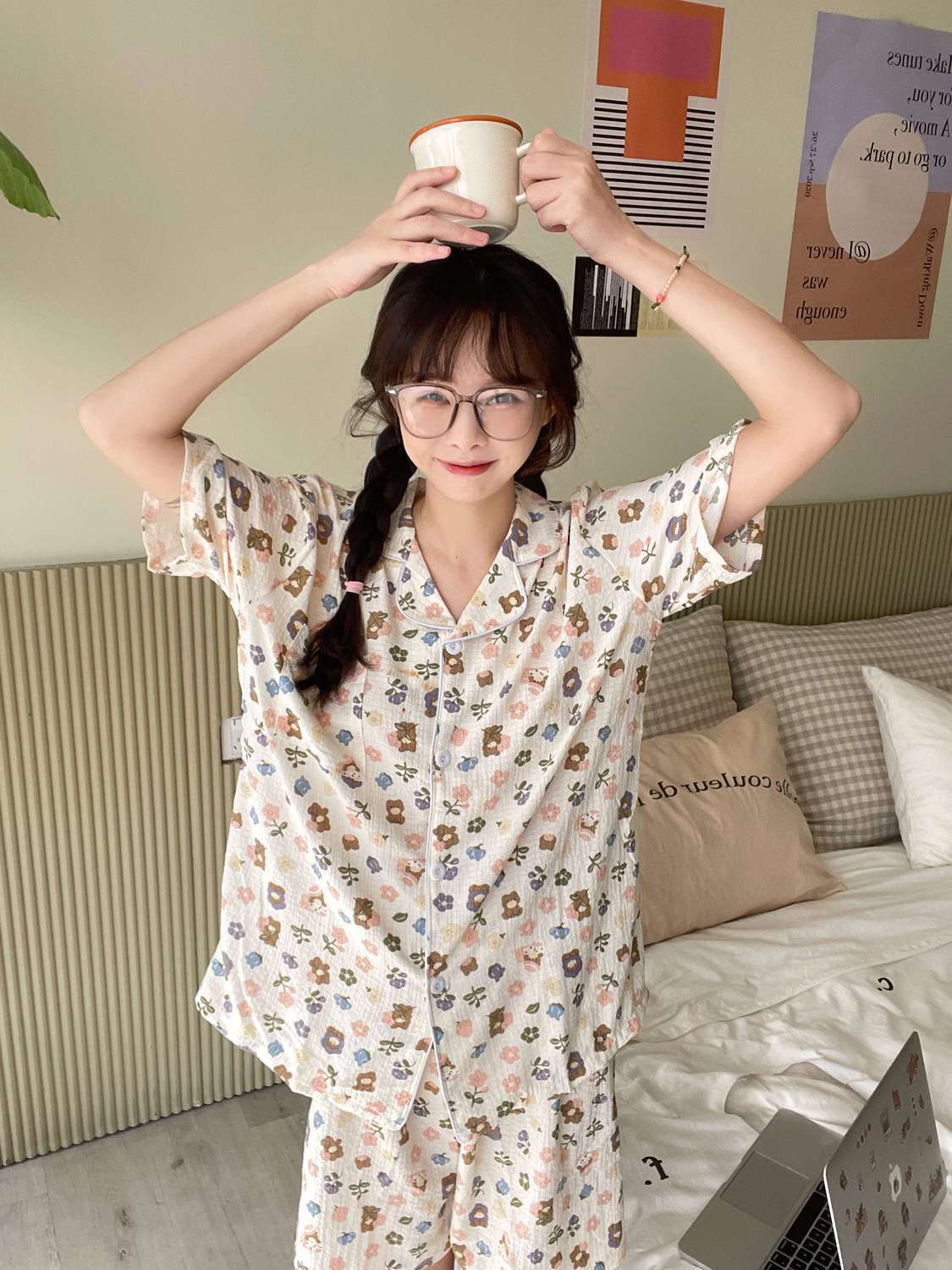 Baby cotton summer pajamas women's thin cardigan loose summer new short-sleeved shorts sweet home service suit