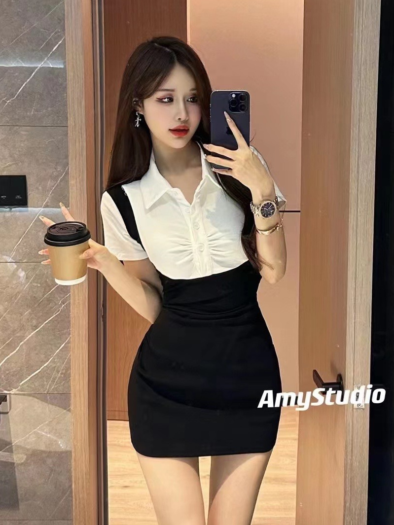 甜美小眾假兩件拼接連衣裙女夏季新款時尚洋氣蝴蝶結收腰包臀短裙