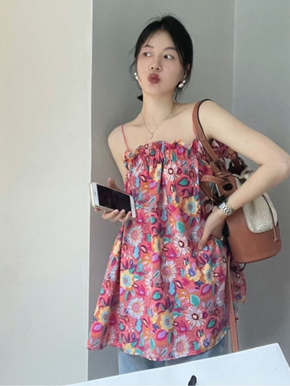 木耳邊碎花小吊帶背心女夏季寬鬆外穿復古港風chic設計感無袖上衣