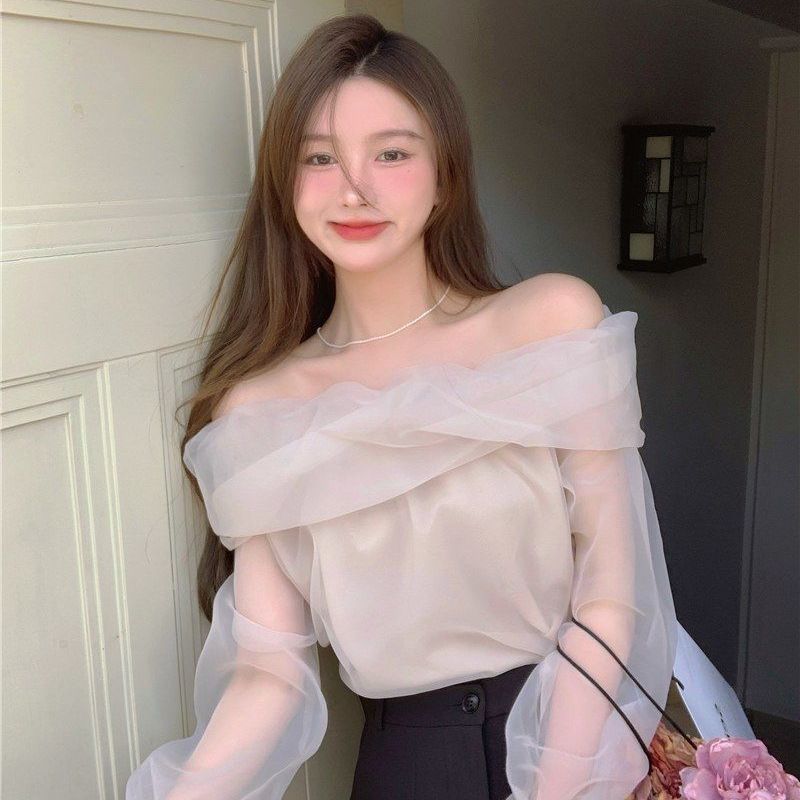 Sweet one-shoulder shirt women's high-end apricot top French niche design mesh long-sleeved shirt