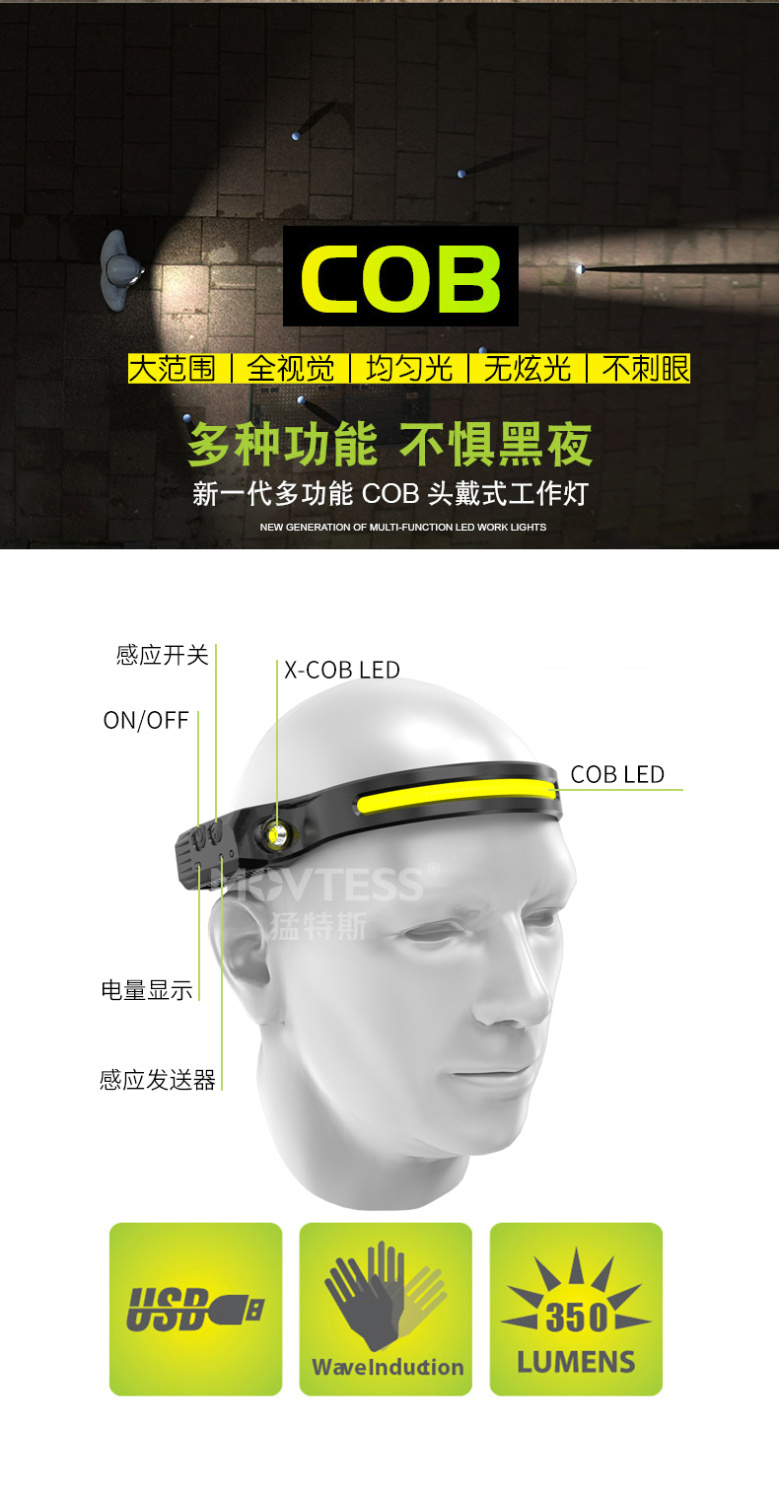 感应头灯强光充电COB泛光散光大面积头戴超亮工作灯户外led照明灯