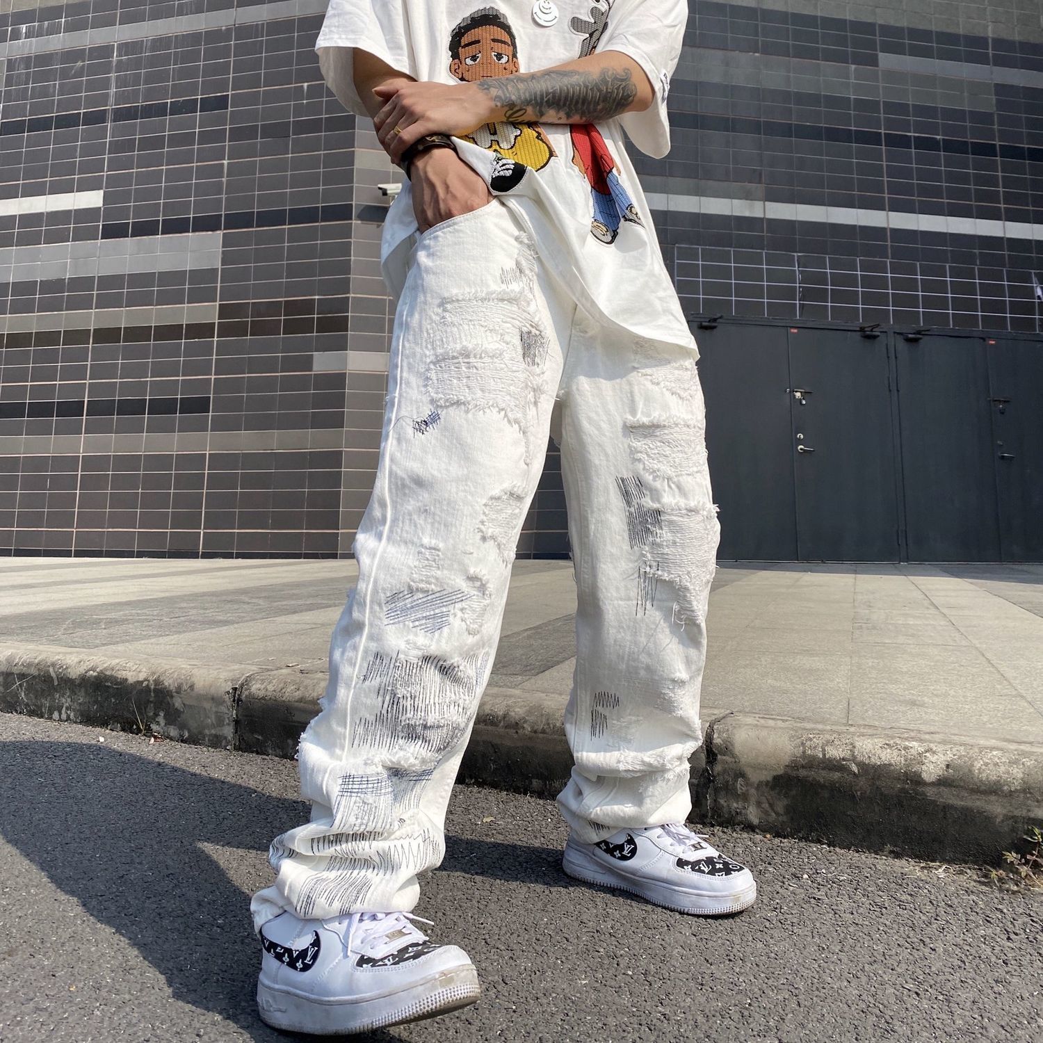 國潮高街破壞刀割破洞牛仔褲男女潮美式寬鬆直筒hiphop墜感長褲子