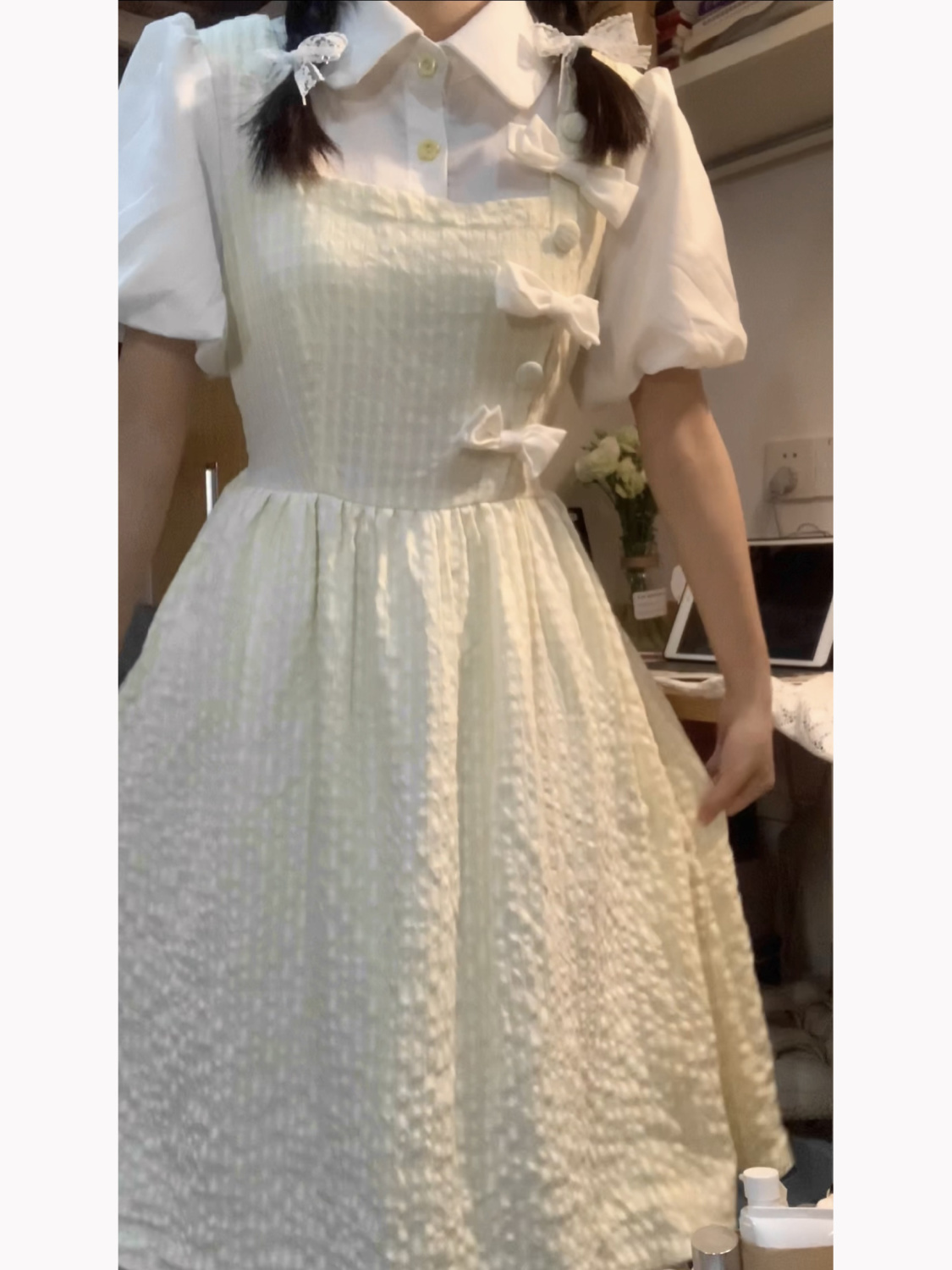 Sweet retro new Chinese bow fake two-piece splicing dress female students slim waist long A-line skirt