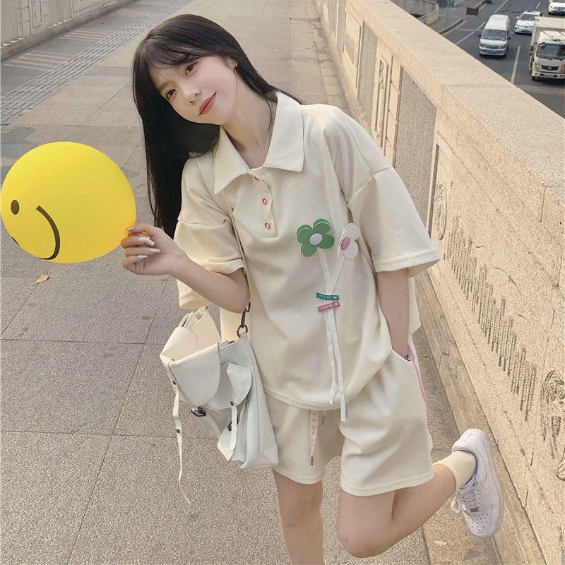 Waffle solid floral Polo neck short sleeve T-shirt women's wide leg Shorts Set summer academic loose two piece set